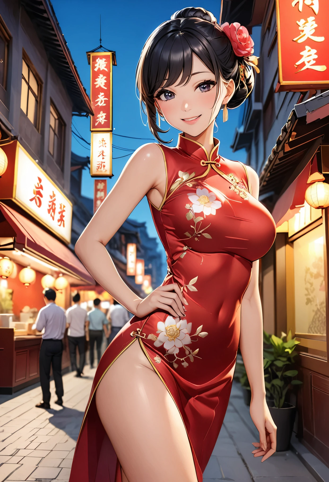 une belle femme, Ville,(cheongsam en soie standard), (flower chignon), (fil à broder doré), (tel), restaurant chinois en plein air, sourire bouche ouverte, ((cheveux noirs)), petit rougissement, côté, (sein), Reflétant les fesses