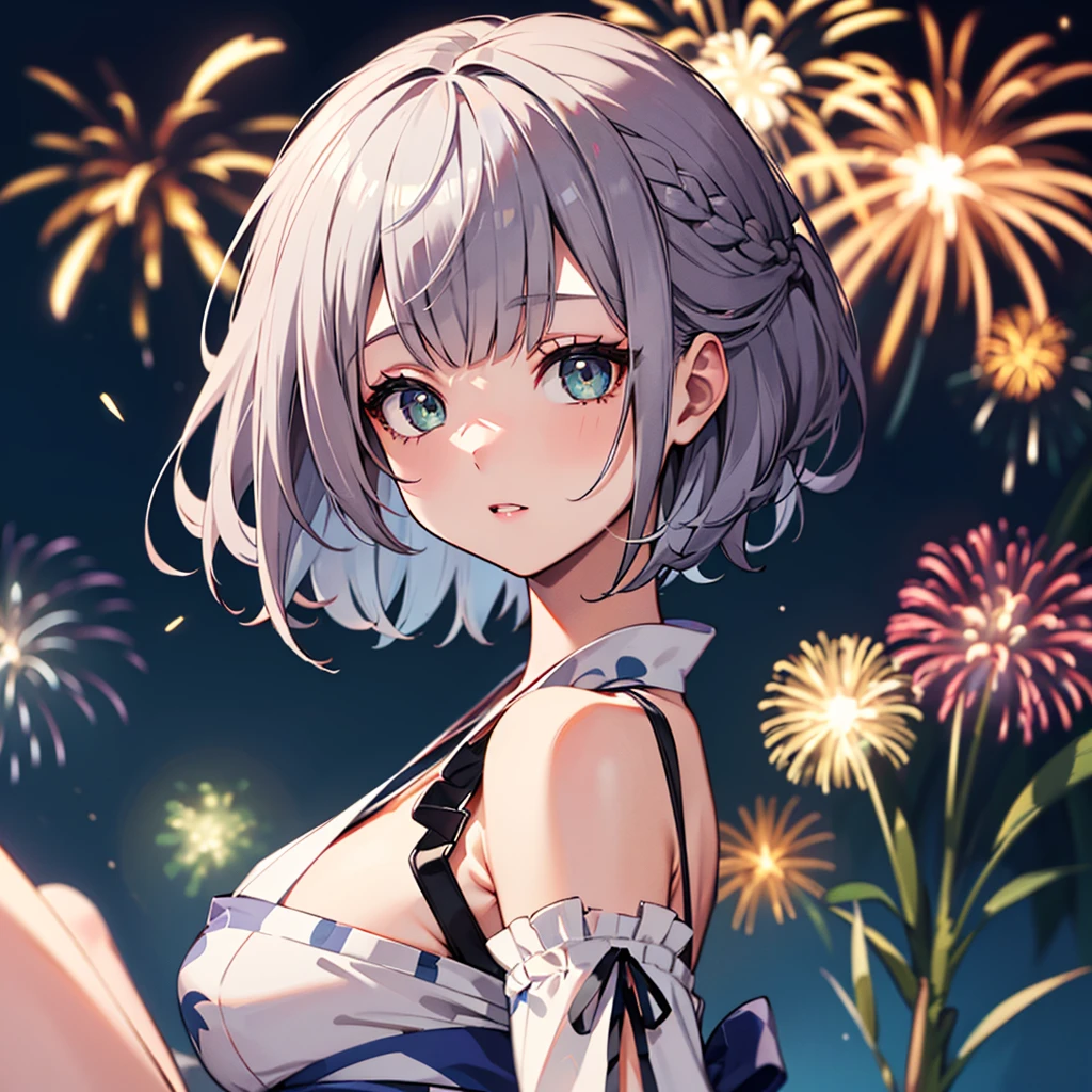 Ultra-high resolution,masterpiece, Attention to detail, Highest quality, 4K,(Silver braided short bob),(Blessed,Captivating body、Ultra-detailed skin、Beautiful Eyes、Detailed Background),One girl、(yukata),firework,大量のfirework,Night view,