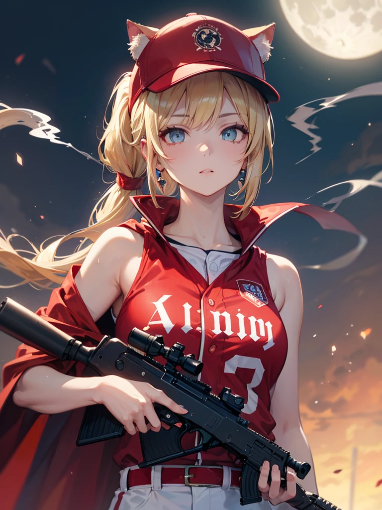 ((kalachnikov_fusil,agression_fusil ,holding_pistolet))  (((cheveux blond　queue de cheval courte　Portez une casquette)))　((cyberpunk　des boucles d&#39;oreilles　Fumer une cigarette en solo)),((Lune brillante　fond brillant)) ,((oreilles de chat)), ((Sans manches)),((Casquette de baseball rouge vin)),((Porter un uniforme de baseball rouge vin))、((Cape rouge))、yeux bleu pâle ,Haut du corps,(Meilleure qualité, 8k, peinture à l&#39;huile, Chef-d&#39;œuvre:1.2), Super détaillé, (le réalisme, Il&#39;c&#39;est photoréaliste:1.37), 