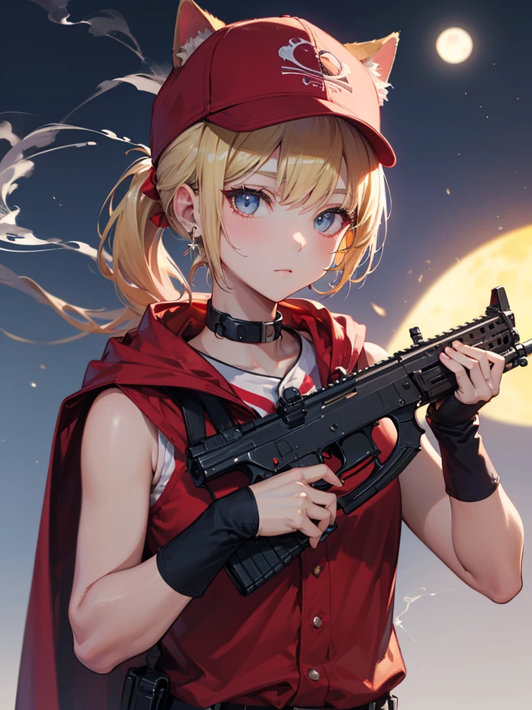 ((kalashnikov_rifle,assault_rifle ,holding_gun))  (((Blonde hair　short ponytail　Wear a cap)))　((cyber punk　Earrings　Smoke a cigarette  solo)),((Shining Moon　Shining Background)) ,((Cat ears)), ((Sleeveless)),((Wine Red Baseball Cap)),((Wearing a wine red baseball uniform))、((Red Cape))、Pale blue eyes ,upper body,(Best Quality, 8k, Oil painting, Mastepiece:1.2), Super detailed, (Realism, It&#39;s photorealistic:1.37), 