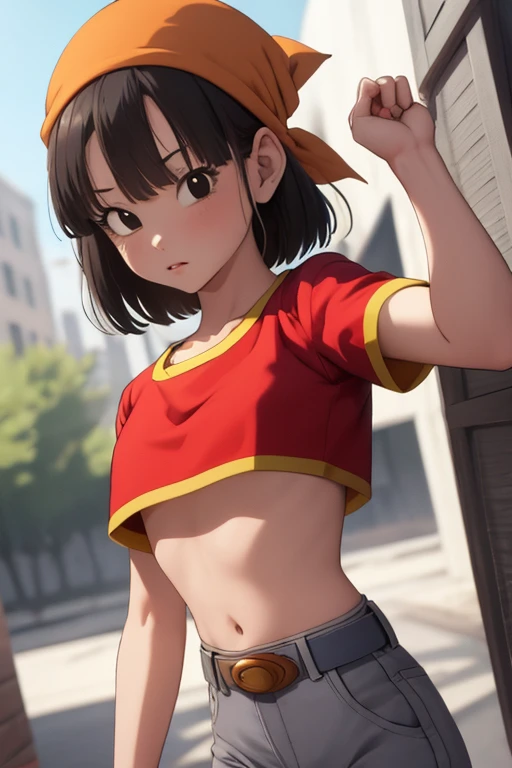 (masterpiece, best quality), 1girl,  pan,1girl,solo,black eyes,bangs,black hair,short hair,bandana, red shirt,crop top,midriff,belt,gray pants,