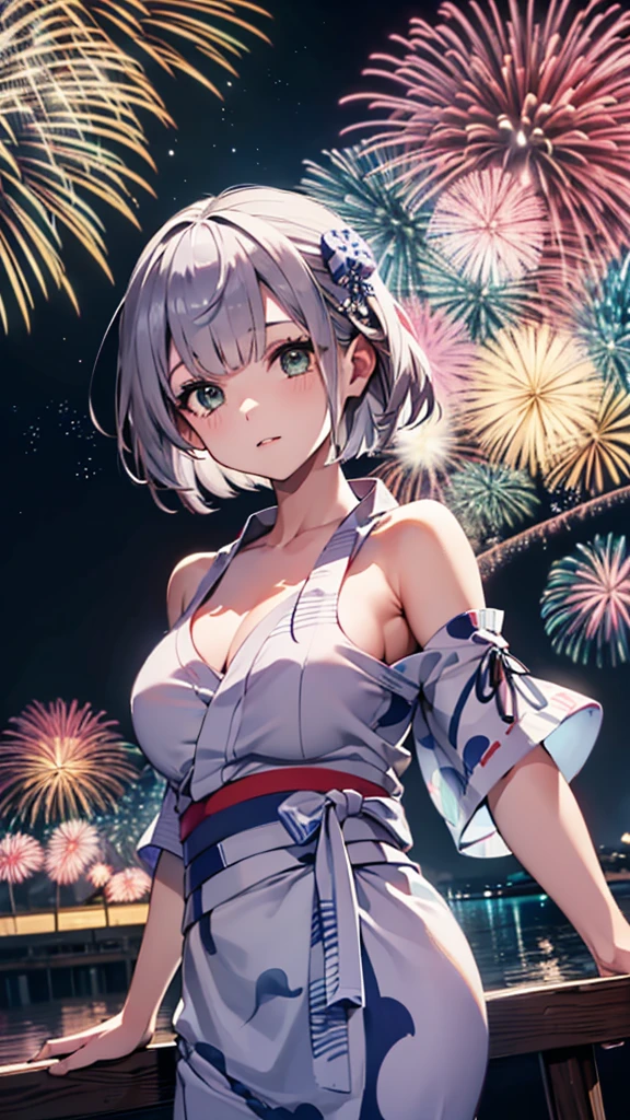 Ultra-high resolution,masterpiece, Attention to detail, Highest quality, 4K,(Silver braided short bob),(Blessed,Captivating body、Ultra-detailed skin、Beautiful Eyes、Detailed Background),One girl、(yukata:1.5),firework,(大量のfirework,Night view,)
