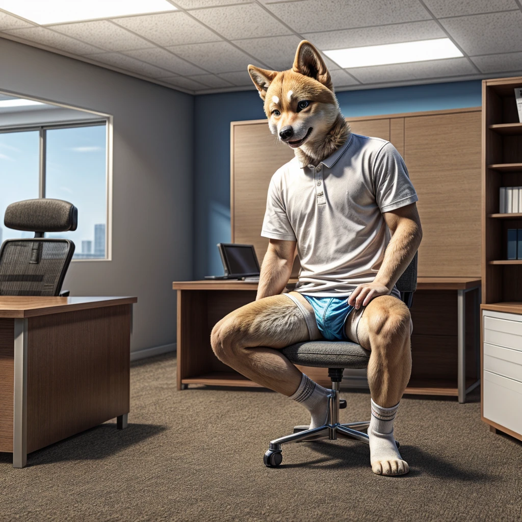 young male shiba inu with small blue eyes, no eyebrows, no pants white briefs ,white ankle socks , white shirt, highly detailed lineart, realistic feet, 4k, best quality, masterpiece,office, vivid colors, physically-based rendering , holding a phone distressed