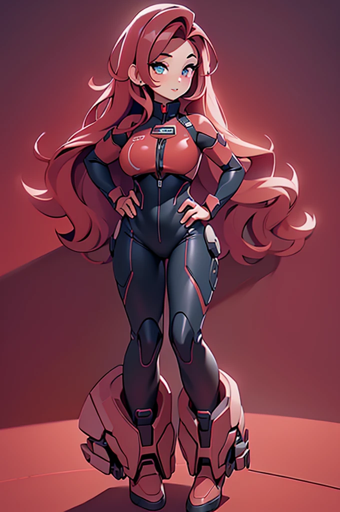 (best quality,4k,8k,highres,masterpiece:1.2), beautiful detailed eyes, beautiful detailed lips, extremely detailed eyes and face, long eyelashes, 1 teen girl, red mech suit, straight red hair, cool sci-fi lighting, space background, vibrant colors, futuristic theme, full body