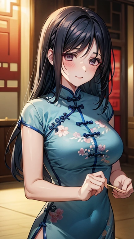 1lady solo, /(blue cheongsam with floral embroidery/), /(black hair/) bangs, blush kind smile, (masterpiece best quality:1.2) delicate illustration ultra-detailed, large breasts BREAK /(streets of China/) night