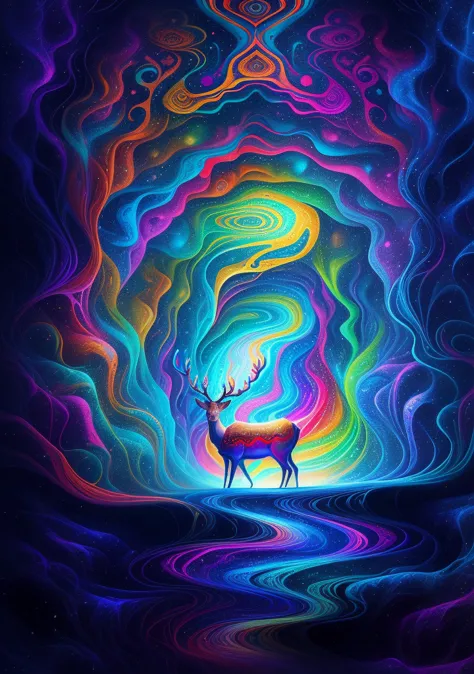 (psychedelic paintings，a deer standing in front of a colorful swirl), ((multiple antlers, stag, big head)), vibrant colors, thic...