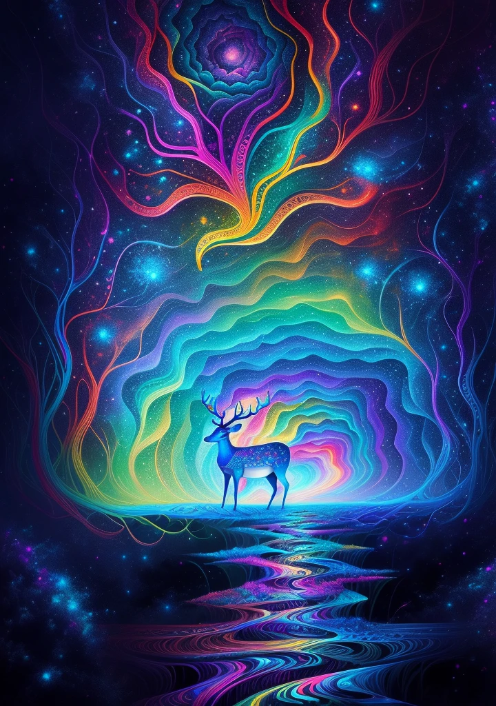 (Psychedelic paintings，A deer standing in front of a colorful swirl), ((Multiple antlers, stag, Big Head)), Vibrant colors, Thick Line, wave, Multi-layer, prospect, view, Fractal Thunder by Dan Mumford , Dan Mumford and Alex Gray style, Psychedelic surrealist art, Surreal psychedelic design, dream art style, illusion Psychedelic Art, infinite psychedelic wave, Inspired by Cyril Rolando Rolando), Realistic corrugated structure, Psychedelic Art style, Psychedelic Art, Psychedelic illustration--V6