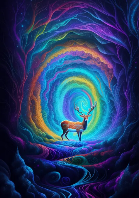 (psychedelic paintings，a deer standing in front of a colorful swirl), ((multiple antlers, stag, big head)), vibrant colors, thic...