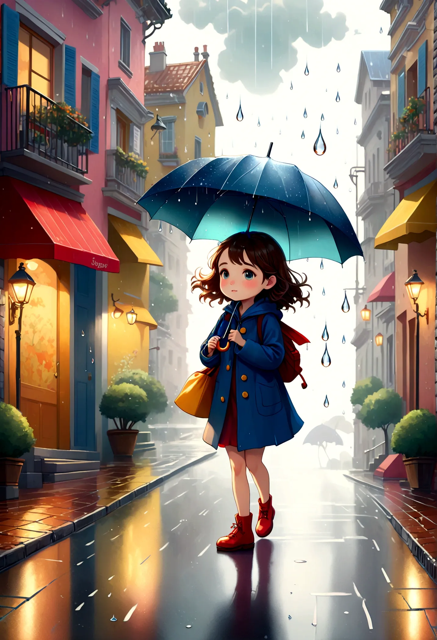 Fixes,Cute illustration: Landscape,Street corner on a rainy day,A landscape that looks like an illustration from a picture book,...