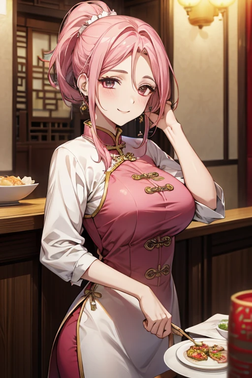 Highest quality,Masterpiece,8K,Ao Dai,,Big Breasts,Best Style,Droopy eyes,smile,Pink Hair,ponytail,Chinese restaurant,waiter,Are standing