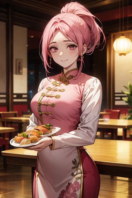 Highest quality,Masterpiece,8K,Ao Dai,,Big Breasts,Best Style,Droopy eyes,smile,Pink Hair,ponytail,Chinese restaurant,waiter,Are standing