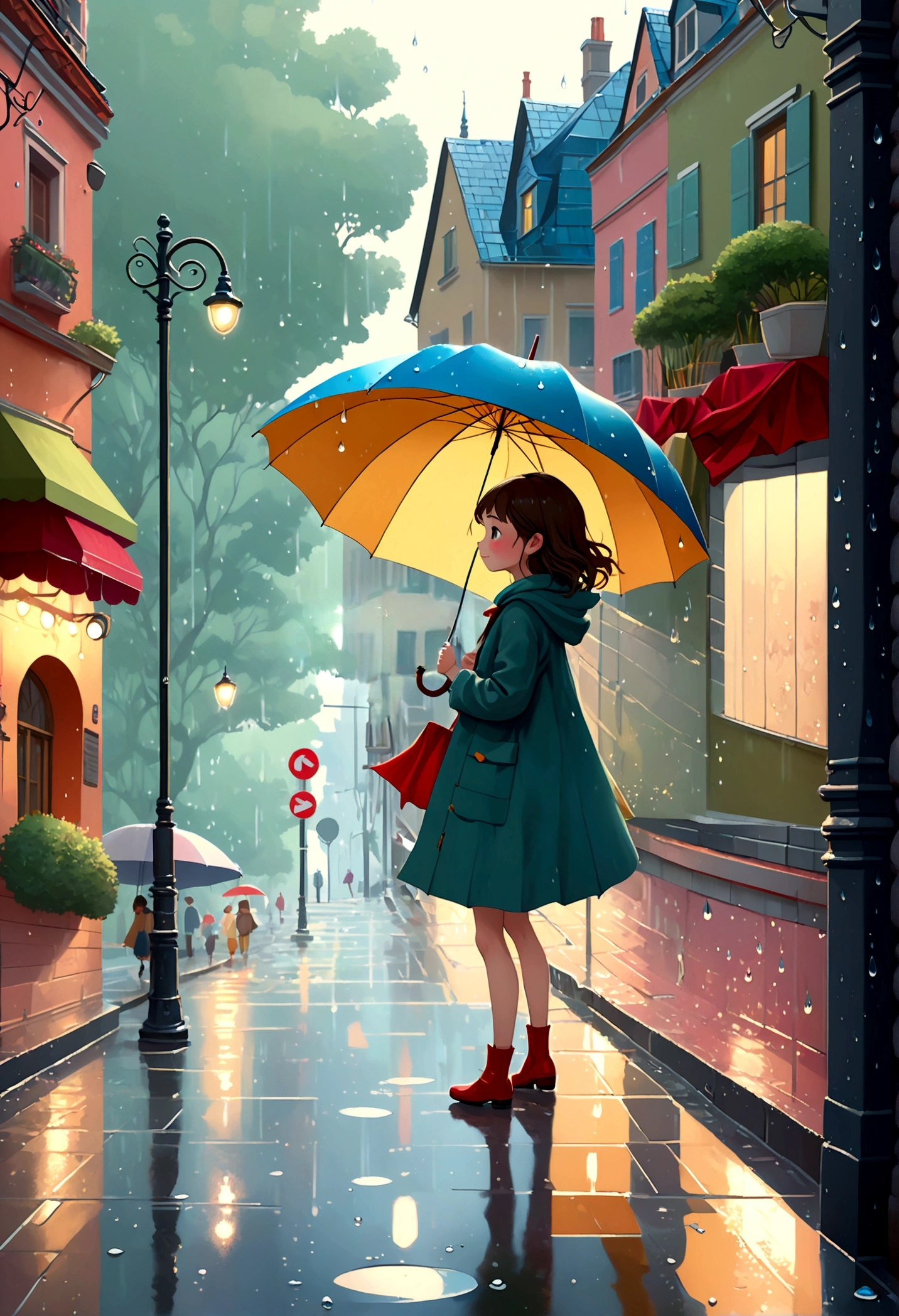 Fixes,Cute illustration: Landscape,Street corner on a rainy day,A landscape that looks like an illustration from a picture book,rich in emotion,a girl is walking,BREAK,cute girl with an umbrella,girl details,anatomically correct,BREAK,create an artistic background,Add a drop pattern to the background,The streets are fancy, like a fairy tale,This is a cute illustration like a dream.,Please blur the lines of the droplet pattern to create an artistic expression.,Intricate details,Wide range of colors,artwork,rendering,(masterpiece:1.3),(highest quality:1.4),(Super detailed:1.5),High resolution,Very detailed,unity 8k wallpaper,structurally correct