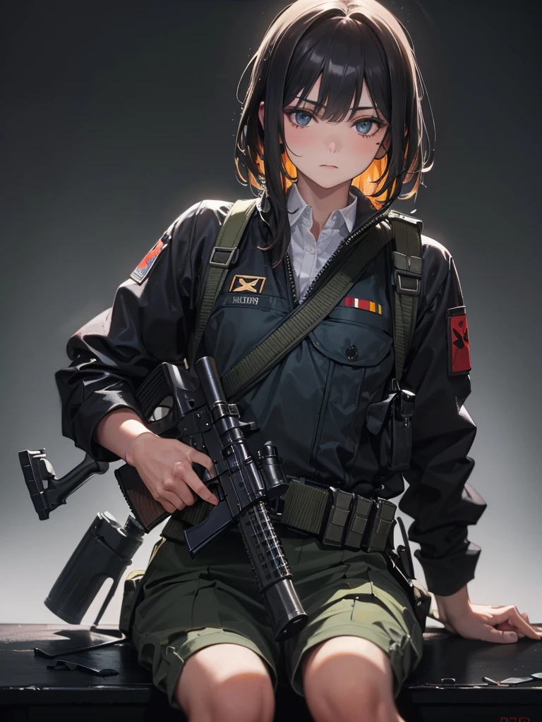 ((kalashnikov_rifle,assault_rifle ,holding_gun))  (Best Quality, 8k, Oil painting, Mastepiece), Super detailed, (Realism, It&#39;s photorealistic), (((Blonde hair　short ponytail　Wear a cap)))　((cyber punk　Earrings　Smoke a cigarette  solo)),((Shining Moon　Shining Background)) ,((Cat ears)), ((Sleeveless)),((Wine Red Baseball Cap)),((Wearing a wine red baseball uniform))、((Red Cape))、Pale blue eyes ,upper body,