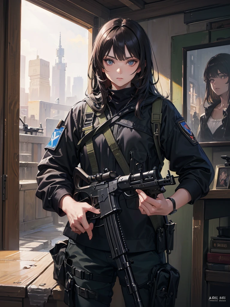 ((kalashnikov_rifle,assault_rifle ,holding_gun))  (Best Quality, 8k, Oil painting, Mastepiece), Super detailed, (Realism, It&#39;s photorealistic), (((Blonde hair　short ponytail　Wear a cap)))　((cyber punk　Earrings　Smoke a cigarette  solo)),((Shining Moon　Shining Background)) ,((Cat ears)), ((Sleeveless)),((Wine Red Baseball Cap)),((Wearing a wine red baseball uniform))、((Red Cape))、Pale blue eyes ,upper body,