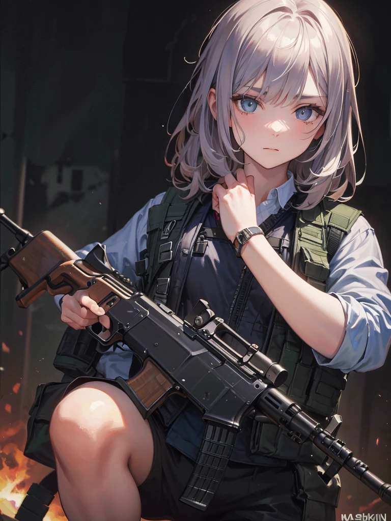 ((カラシニコフ_ライフル,暴行_ライフル ,ホールディング_銃))  (最高品質, 8K, 油絵, 傑作), 非常に詳細な, (リアリズム, それ&#39;フォトリアリスティック), (((金髪　ショートポニーテール　帽子をかぶる)))　((サイバーパンク　イヤリング　一人でタバコを吸う)),((輝く月　輝く背景)) ,((猫耳)), ((ノースリーブ)),((ワインレッドのベースボールキャップ)),((ワインレッドの野球ユニフォームを着て))、((赤いマント))、淡い青い目 ,上半身,