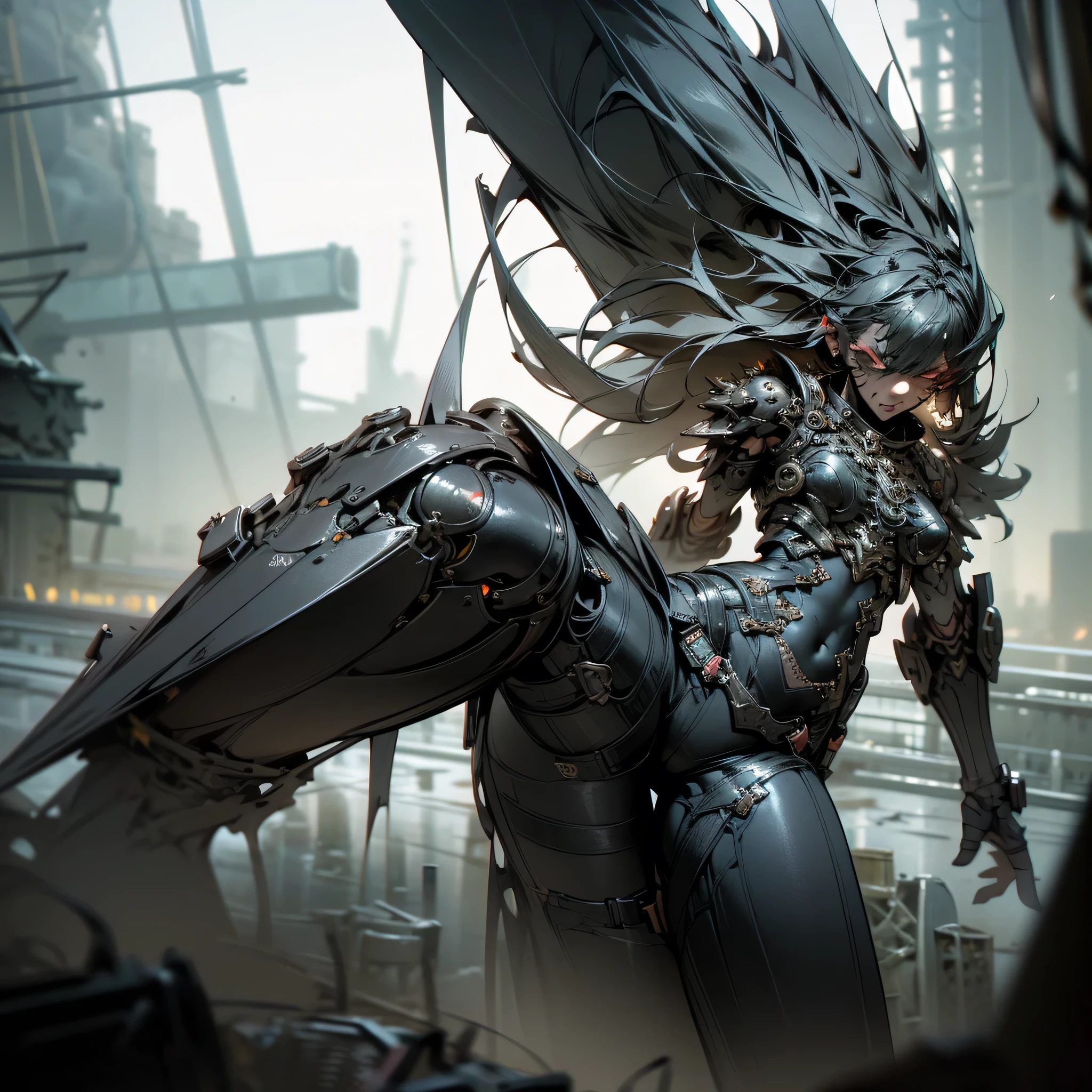 1 girl, attractive body in sexy clothes, gothic, wearing punk attire, destroyed city, in a mortal battle, solo, masterpiece, flawless, no anomalies, photorealistic, 8k, high quality, dramatic lighting, moody atmosphere, dark colors, gritty urban environment, hyper detailed, cinematic composition, dynamic pose, intense expression