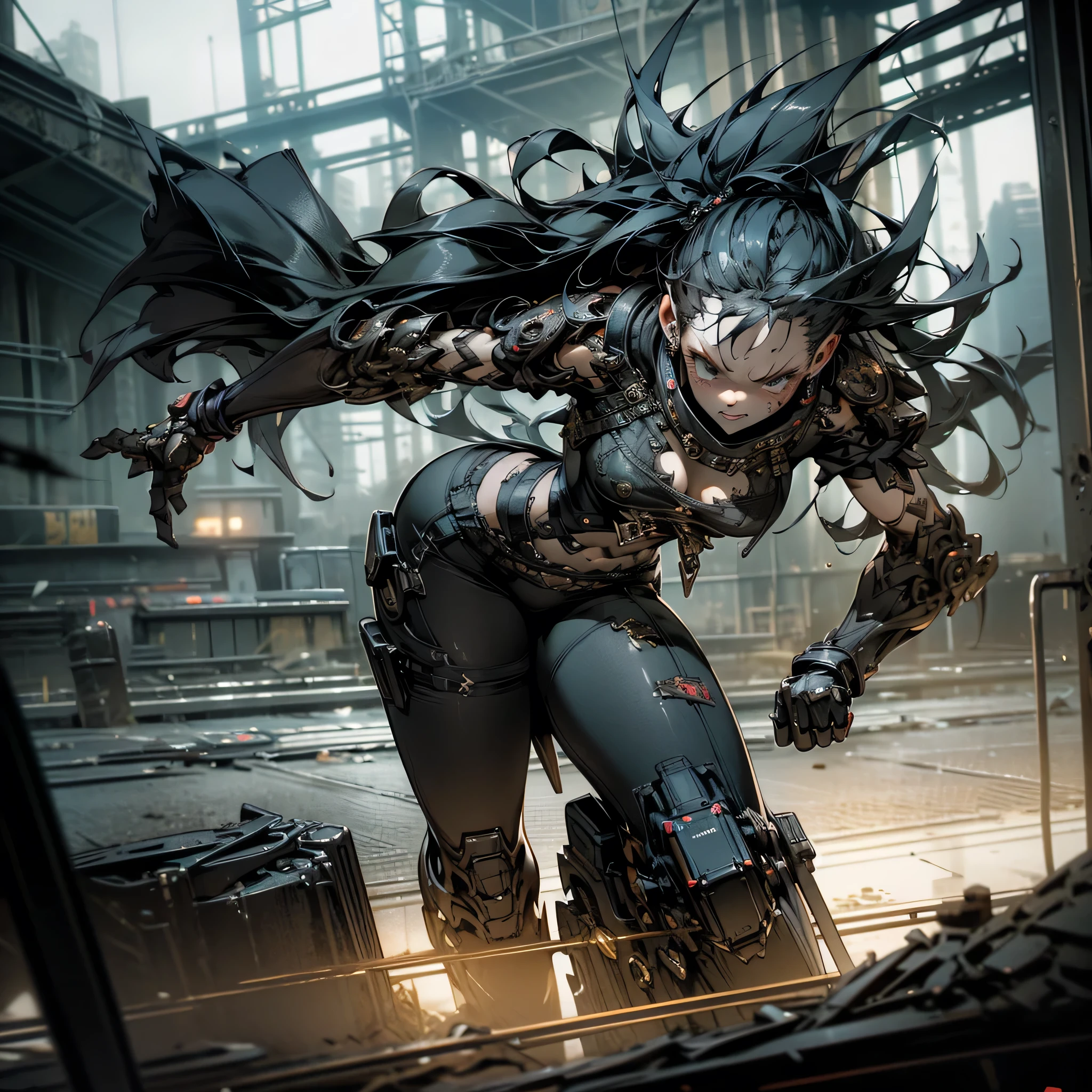 1 girl, attractive body in sexy clothes, gothic, wearing punk attire, destroyed city, in a mortal battle, solo, masterpiece, flawless, no anomalies, photorealistic, 8k, high quality, dramatic lighting, moody atmosphere, dark colors, gritty urban environment, hyper detailed, cinematic composition, dynamic pose, intense expression