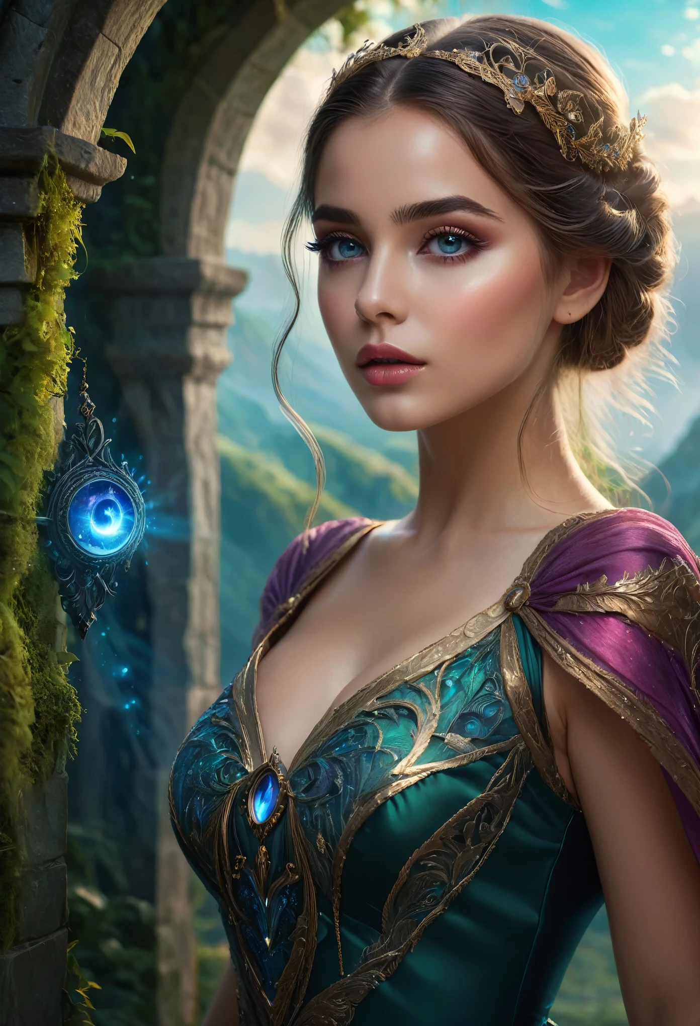 1girl, fantasy landscape, magic portal, mystical atmosphere, beautiful detailed eyes, beautiful detailed lips, extremely detailed face, long eyelashes, elegant dress, dynamic pose, photorealistic, hyper detailed, 4k, high resolution, masterpiece, intricate details, vivid colors, dramatic lighting, cinematic composition, concept art style