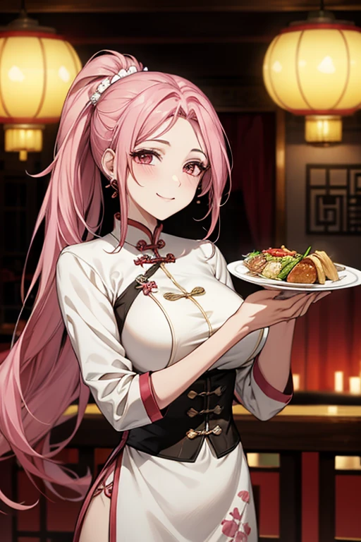 Highest quality,Masterpiece,8K,Ao Dai,,Big Breasts,Best Style,Droopy eyes,smile,Pink Hair,Long Ponytail,Chinese restaurant,waiter,Are standing