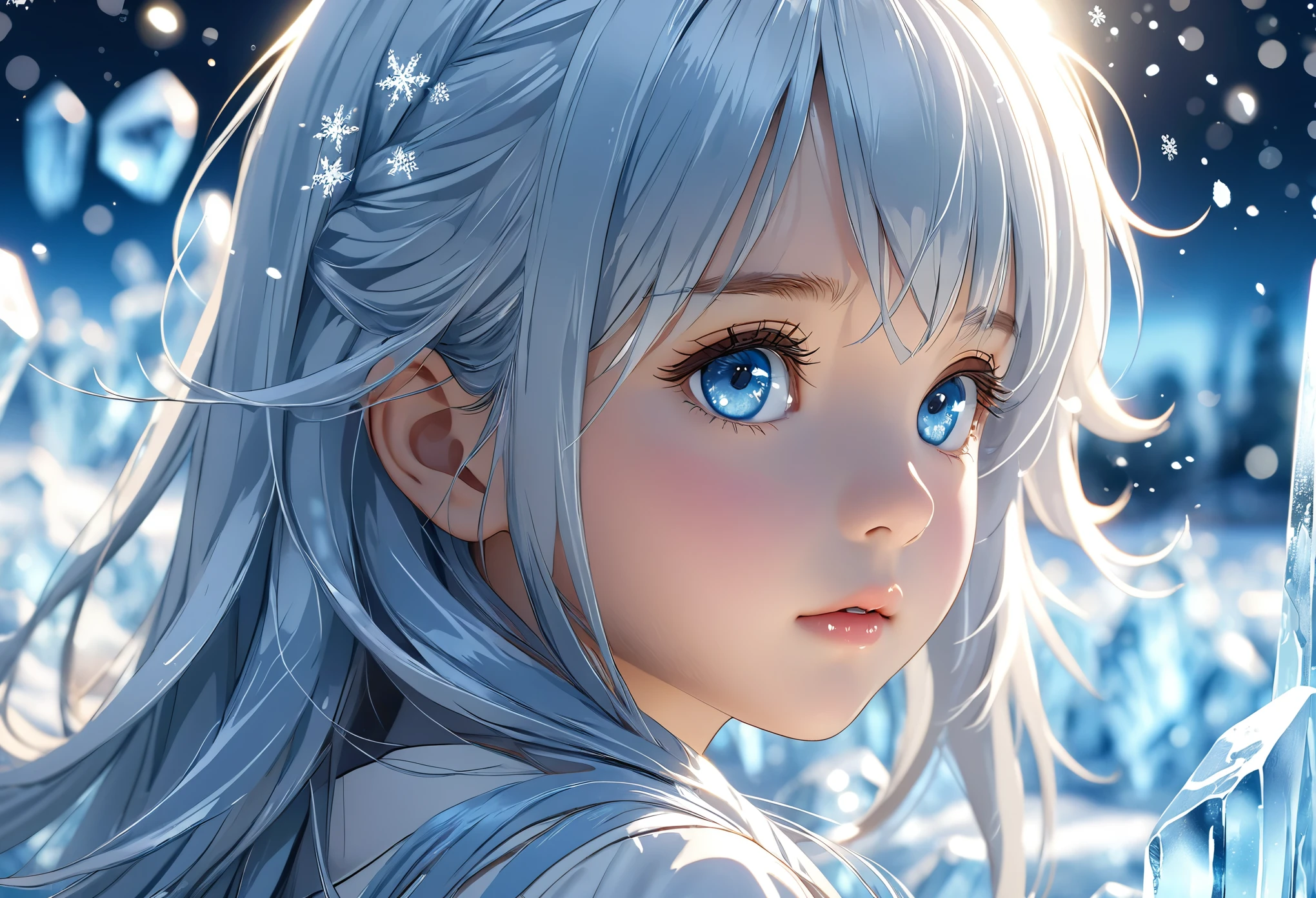 beautiful, a little girl, in the crystal and ice area , fluttering ice and snowing, ice crystals, streaked hair, sliver hair, sky blue hair, long hair, blue eyes, eye reflection, look into the distance, ray tracing, reflection light, blurry, glowing light, shallow depth of field, chiaroscuro, stereogram, zoom layer, side, bokeh, masterpiece, best quality, high quality, UHD, rich detail background, hand drawing anime art,