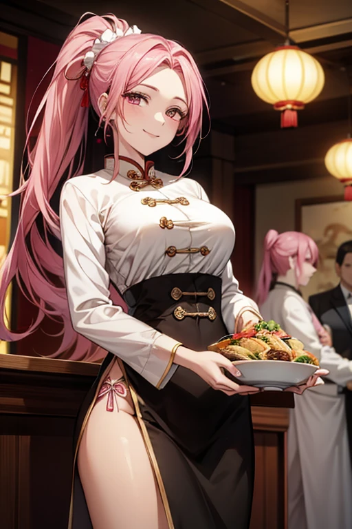 Highest quality,Masterpiece,8K,Ao Dai,,Big Breasts,Best Style,Droopy eyes,smile,Pink Hair,Long Ponytail,Chinese restaurant,waiter,Are standing