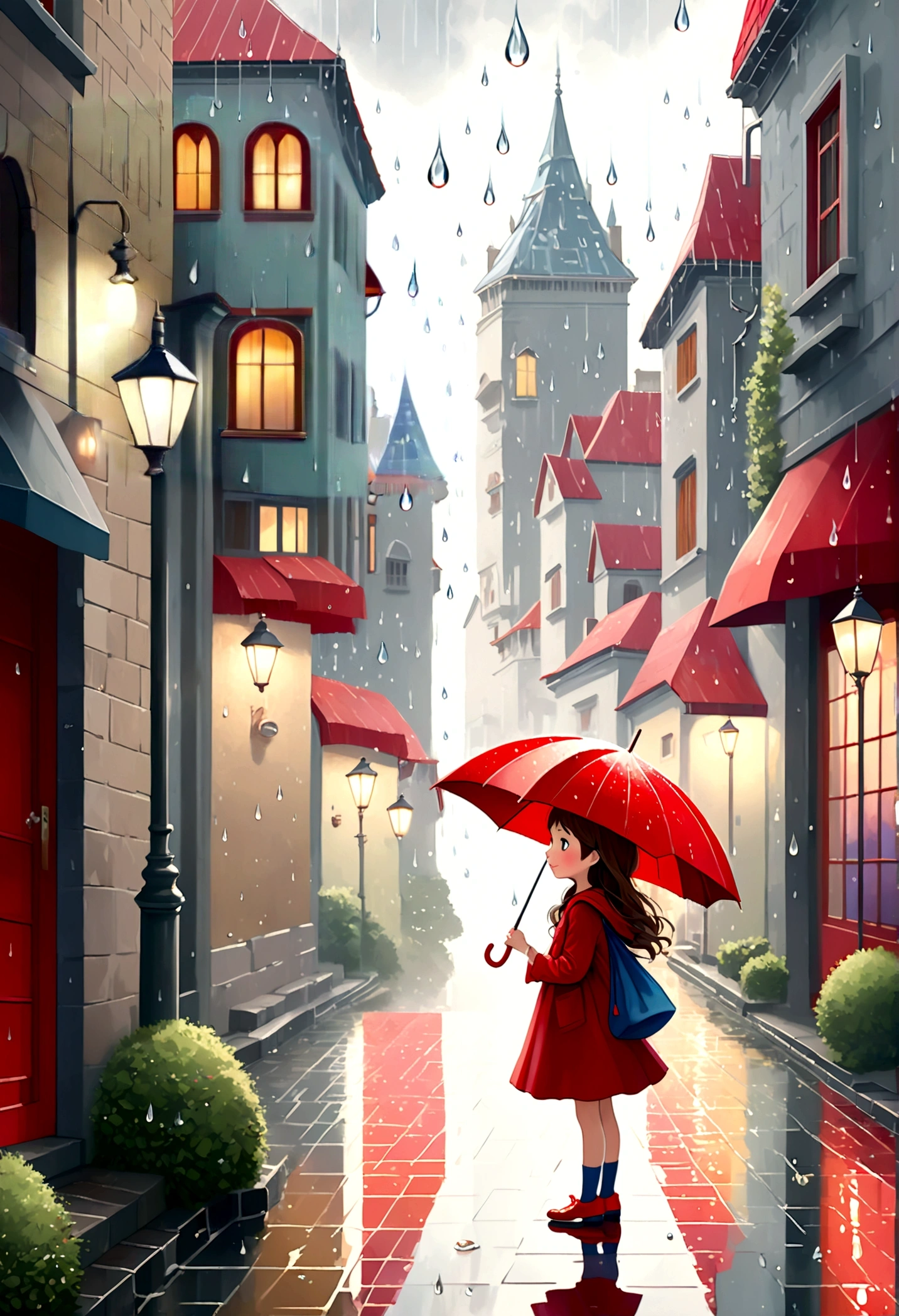 修正,かわいいイラスト: 風景,雨の日の街角,絵本に出てくるような風景,感情豊かな,赤い傘を持ったかわいい女の子,芸術的な背景を作成する,背景にドロップパターンを追加する,通りは華やかだ, おとぎ話のような,夢のような可愛いイラストですね.,水滴模様の線をぼかして芸術的な表現をしてください.,複雑なディテール,豊富なカラーバリエーション,アートワーク,レンダリング,(傑作:1.3),(最高品質:1.4),(非常に詳細な:1.5),高解像度,非常に詳細,ユニティ 8k 壁紙