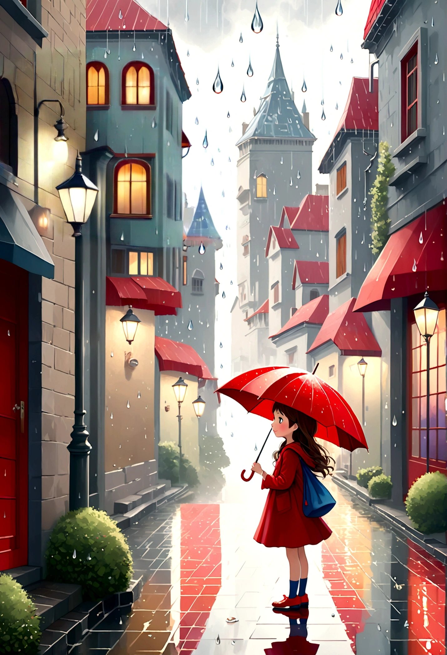 Conserta,ilustração fofa: paisagem,esquina em um dia chuvoso,Uma paisagem que parece uma ilustração de um livro ilustrado,Rico em emoção,Linda garota com um guarda-chuva vermelho,Crie um fundo artístico,Adicione um padrão de gota ao fundo,As ruas são chiques, Como um conto de fadas,Esta é uma ilustração fofa como um sonho.,Desfoque as linhas do padrão de gota para criar uma expressão artística.,Detalhes intrincados,Ampla gama de cores,obra de arte,Renderização,(Obra de arte:1.3),(mais alta qualidade:1.4),(Super detalhado:1.5),alta resolução,Muito detalhado,papel de parede da unidade 8k