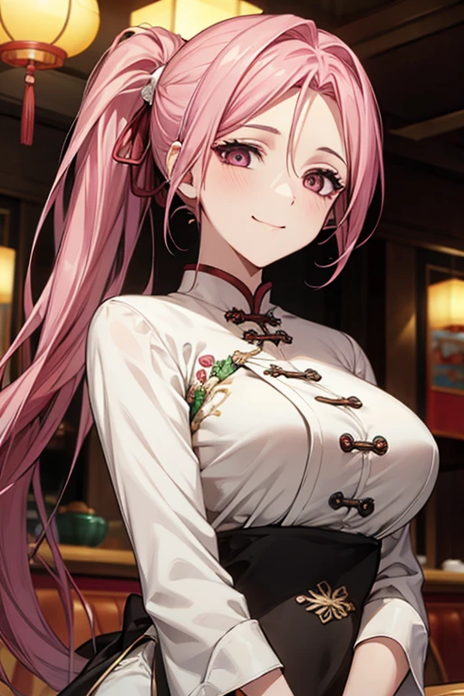 Highest quality,Masterpiece,8K,Ao Dai,,Big Breasts,Best Style,Droopy eyes,smile,Pink Hair,Long Ponytail,Chinese restaurant,waiter,