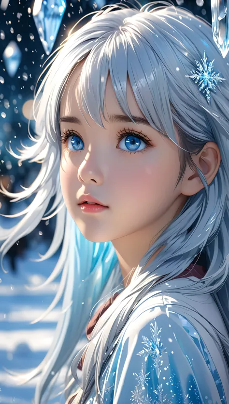beautiful, a little girl, in the crystal and ice area , fluttering ice and snowing, ice crystals, streaked hair, sliver hair, sk...