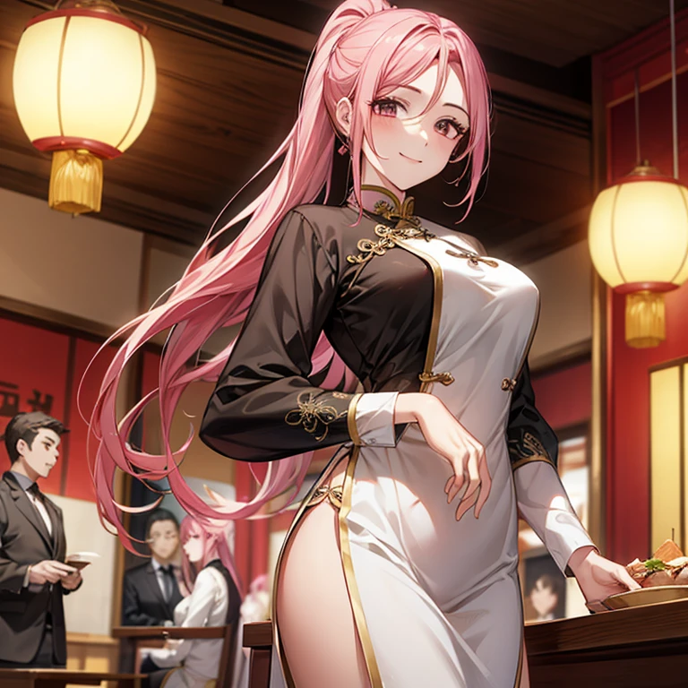 Highest quality,Masterpiece,8K,Ao Dai,,Big Breasts,Best Style,Droopy eyes,smile,Pink Hair,Long Ponytail,Chinese restaurant,waiter,