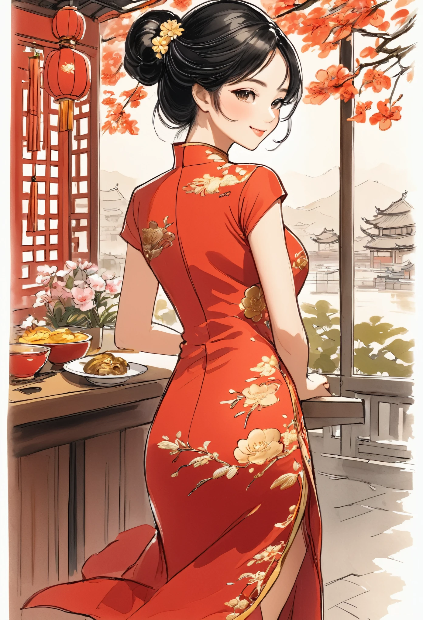 A beautiful woman, city,(Red cheongsam), (flower chignon), (gold embroidery thread), outdoor chinese restaurant, light smile, ((black hair)), little blush, side, (breast), line art, Scan Painting Art, Color pencil hand drawing, ((draft drawing style)), Thick line hand-drawn scanned painting