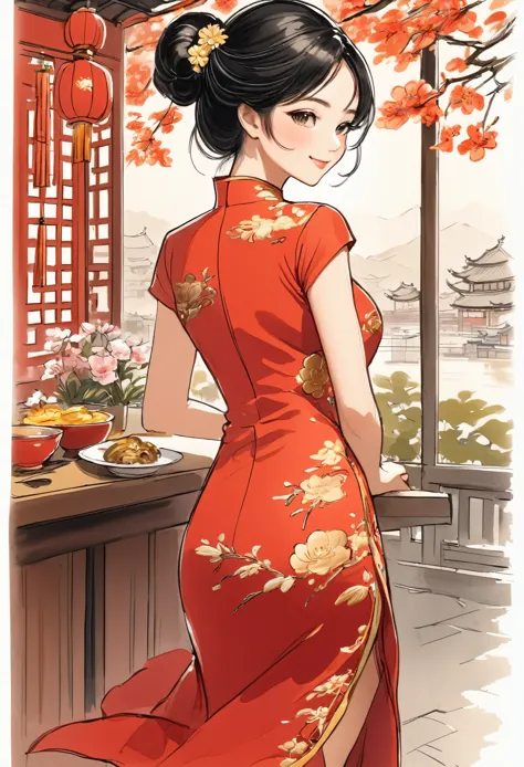 a beautiful woman, city,(red cheongsam), (flower chignon), (gold embroidery thread), outdoor chinese restaurant, light smile, ((...