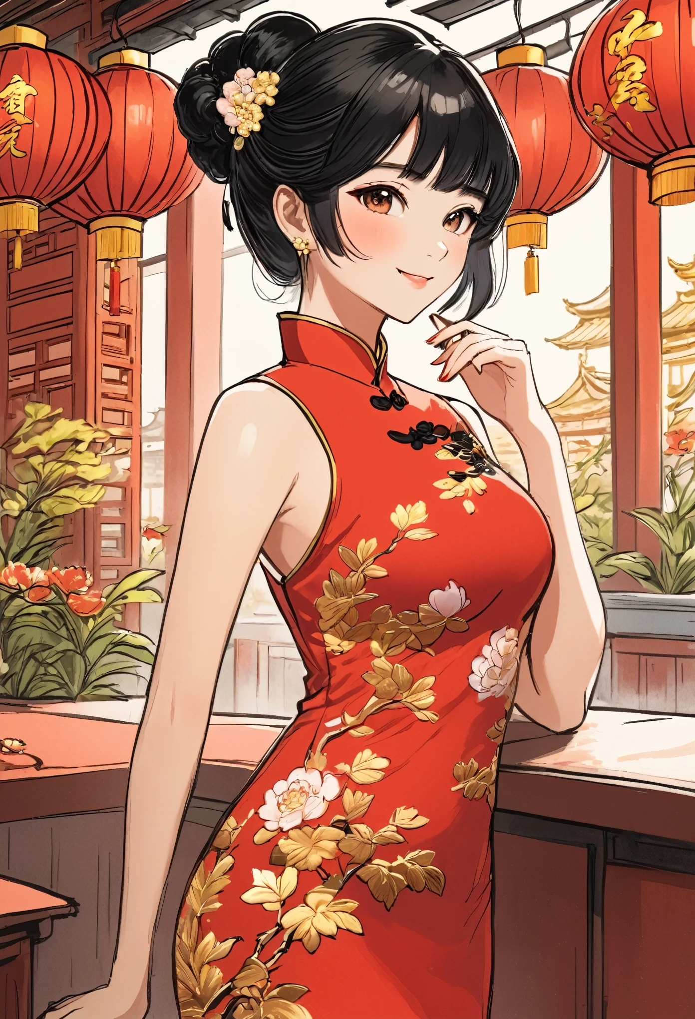 A beautiful woman, city,(Red cheongsam), (flower chignon), (gold embroidery thread), outdoor chinese restaurant, light smile, ((black hair)), little blush, side, (breast), line art, Scan Painting Art, Color pencil hand drawing, ((draft drawing style)), Thick line hand-drawn scanned painting