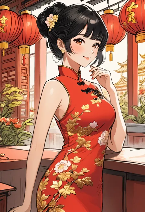 A beautiful woman, city,(Red cheongsam), (flower chignon), (gold embroidery thread), outdoor chinese restaurant, light smile, ((...