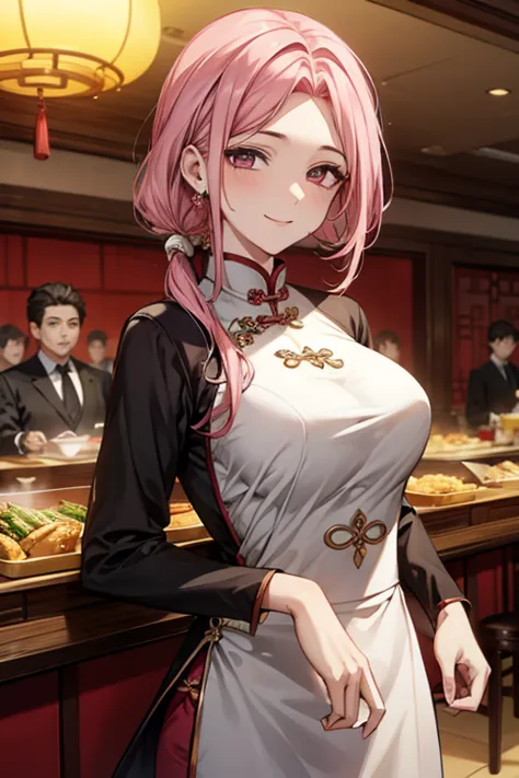 Highest quality,Masterpiece,8K,Ao Dai,,Big Breasts,Best Style,Droopy eyes,smile,Pink Hair,,Chinese restaurant,waiter,