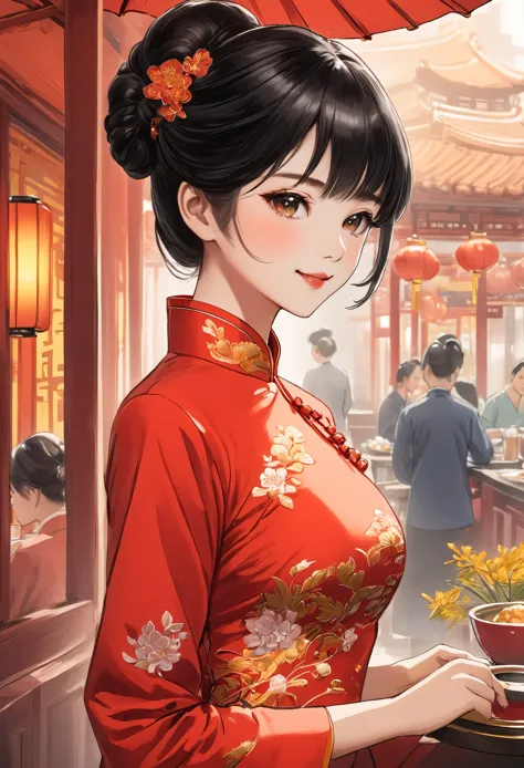 A beautiful woman, city,(Red cheongsam), (flower chignon), (gold embroidery thread), outdoor chinese restaurant, light smile, ((...