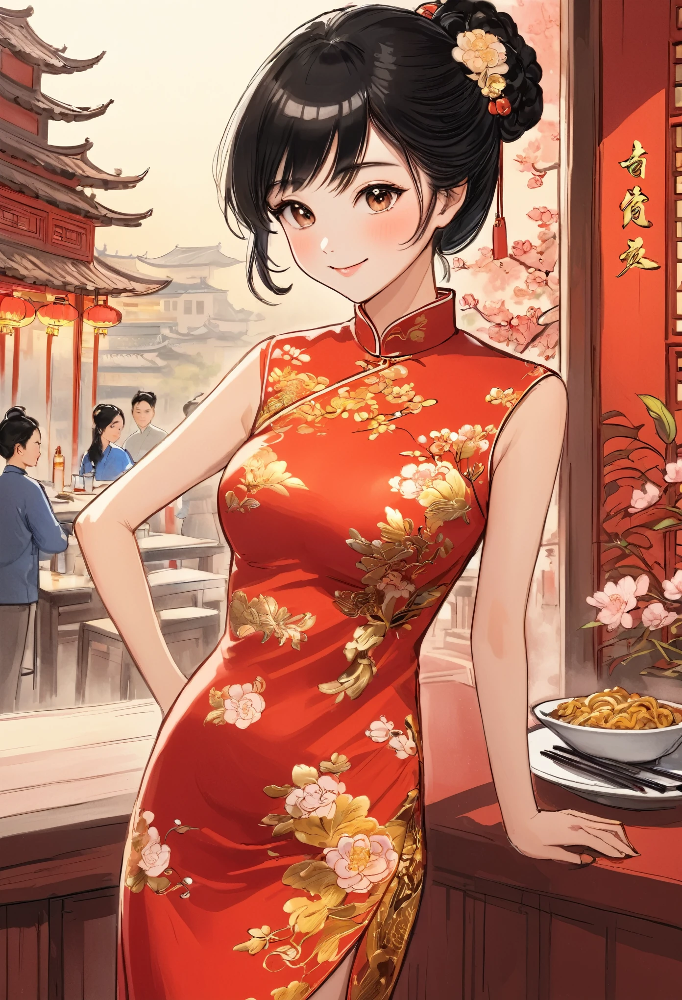 A beautiful woman, city,(Red cheongsam), (flower chignon), (gold embroidery thread), outdoor chinese restaurant, light smile, ((black hair)), little blush, side, (breast), line art, Scan Painting Art, Color pencil drawing, hand drawing art, ((draft drawing style))