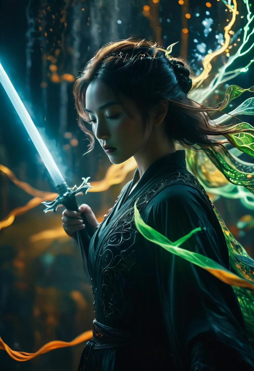 upperbody Photography of female swordman，atomically correct,Raw, cinematic shot, (sharp focus:1.5), (photorealistic:1.4), twilight lighting, volumetric lighting, ultra high res, 16K,dramatic lighting, abstract backgrounds：1.5），Glowing sword,(Fighting posture),Hold the hilt of a sword in your hand，1sword，solo，（zentangle，datura，Tangles，entangled：0.7） , depth of field, Fantastical Atmosphere, The most beautiful form of chaos, ellegance, Dark theme of Fauvist design, Flower of Death, Flowers of ecstasy，Glowing Line,Glow Example，Tracking example，flash， Backlight，translucent，light particles，jade，xianxia