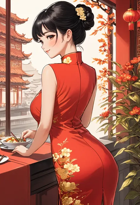 A beautiful woman, city,(Red cheongsam), (flower chignon), (gold embroidery thread), outdoor chinese restaurant, light smile, ((...