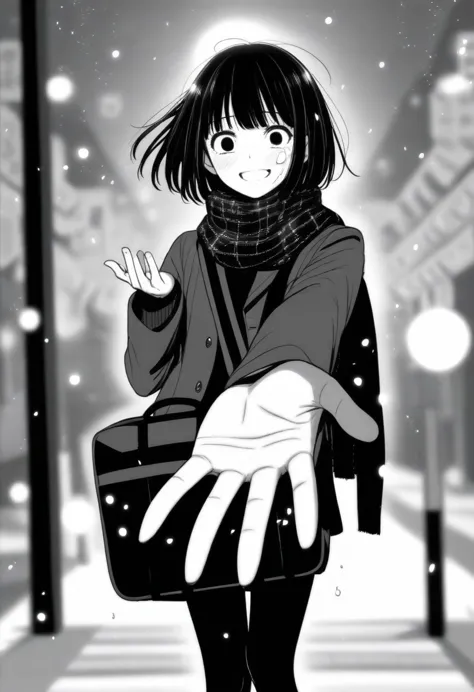 masterpiece, best quality, 1girl, mamerakkkkko, grayscale, manga style, japanese, chi no wadachi, black eyes, street, iced, blac...