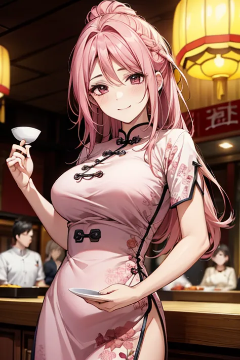Highest quality,Masterpiece,8K,China dress,Big Breasts,Best Style,Droopy eyes,smile,Pink Hair,Chinese restaurant,waiter