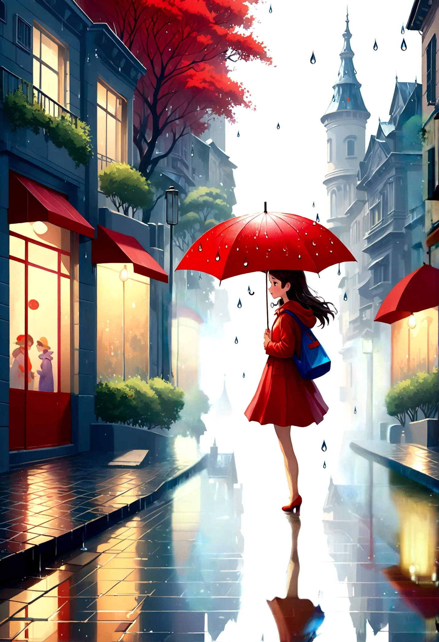 Fixes,,Cute illustration: Landscape,Street corner on a rainy day,A landscape that looks like an illustration from a picture book...