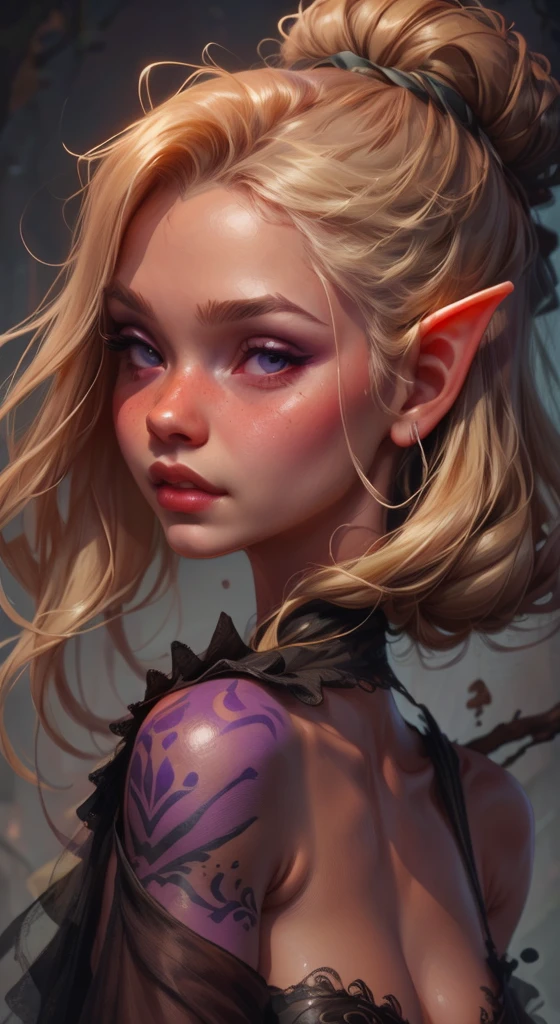 a close up of a woman with a purple tattoo on her arm,  nude, huge boobs, thick charlie bowater art style, neoartcore and charlie bowater, fantasy art style, detailed matte fantasy portrait, dark fantasy style art, fantasy art behance, fantasy style art, fantasy illustration, beautiful elf with violet skin, painted in the style arcane, fantasy portrait, charlie bowater character art