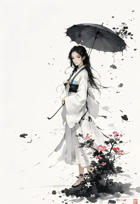 艺术Ink Painting，立体Ink Painting，Minimalism，Minimalism的图形，Minimal Art，Chinese anime girl，whole body，Chinese，，Ink Painting，Umbrella，...