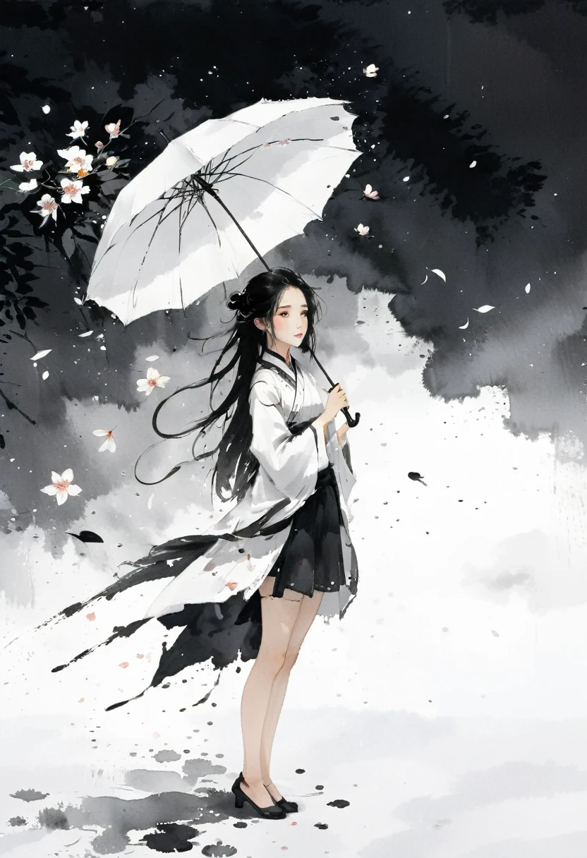 艺术Ink Painting，立体Ink Painting，Minimalism，Minimalism的图形，Minimal Art，Chinese anime girl，whole body，Chinese，，Ink Painting，Umbrella，Falling Flowers，Black long hair，Black and white background，古韵White space，White space，大面积White space，Textured Matte，Low saturation，Minimalism构图，Main Composition