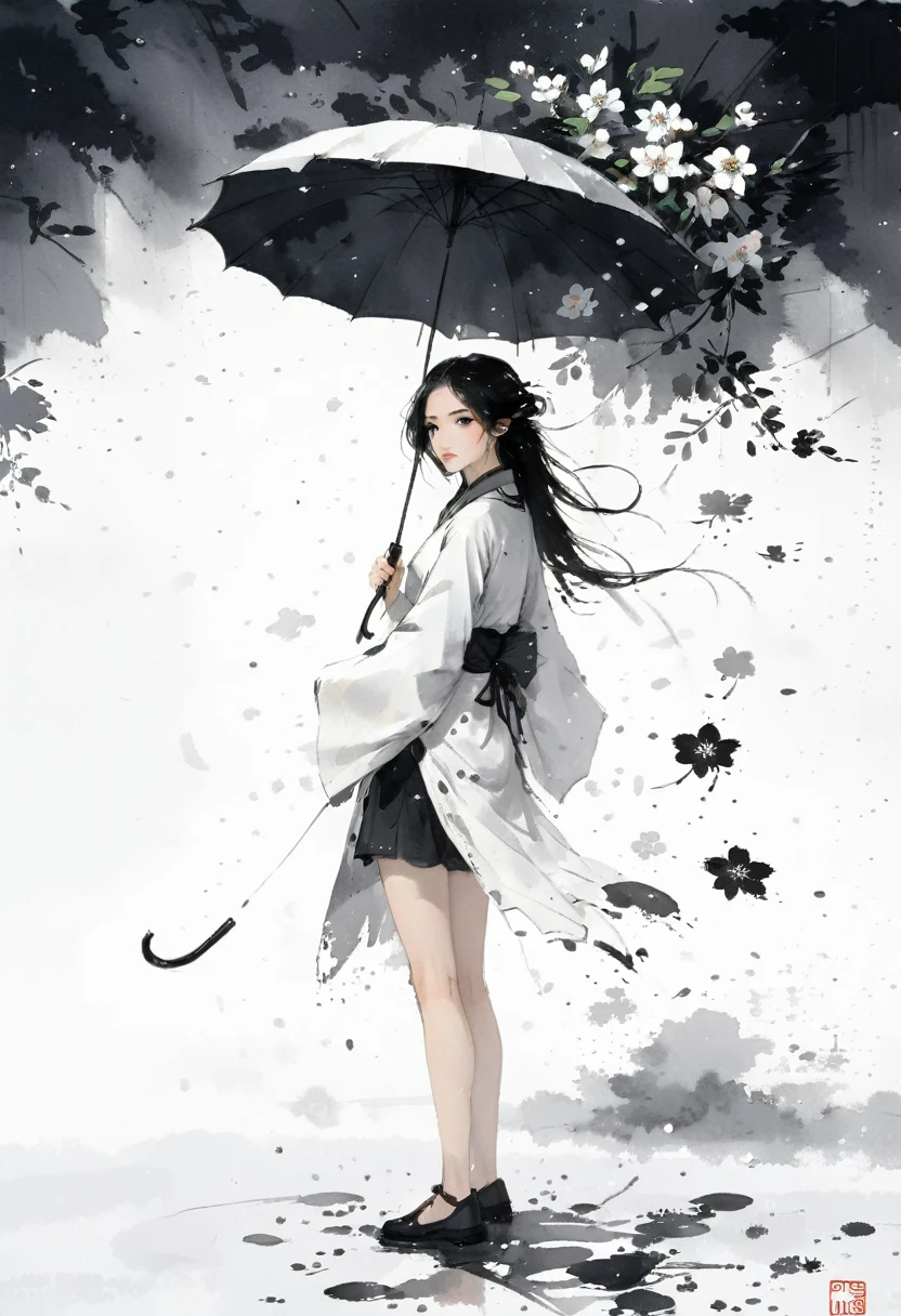 艺术Ink Painting，立体Ink Painting，Minimalism，Minimalism的图形，Minimal Art，Chinese anime girl，whole body，Chinese，，Ink Painting，Umbrella，Falling Flowers，Black long hair，Black and white background，古韵White space，White space，大面积White space，Textured Matte，Low saturation，Minimalism构图，Main Composition