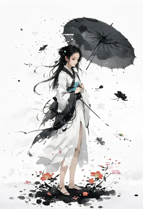 艺术Ink Painting，立体Ink Painting，Minimalism，Minimalism的图形，Minimal Art，Chinese anime girl，whole body，Chinese，，Ink Painting，Umbrella，...