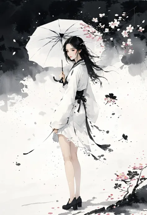 艺术ink painting，立体ink painting，minimalism，minimalism的图形，minimal art，chinese anime girl，whole body，chinese，，ink painting，umbrella，...