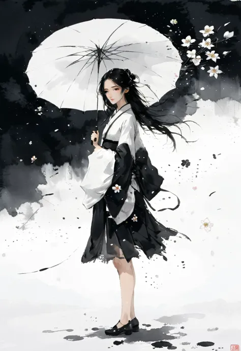 艺术Ink Painting，立体Ink Painting，Minimalism，Minimalism的图形，Minimal Art，Chinese anime girl，whole body，Chinese，，Ink Painting，Umbrella，...