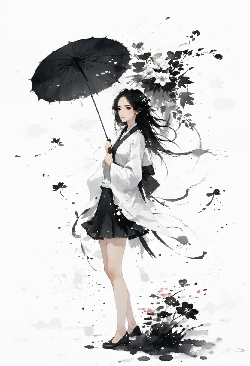 艺术Ink Painting，立体Ink Painting，Minimalism，Minimalism的图形，Minimal Art，Chinese anime girl，whole body，Chinese，，Ink Painting，Umbrella，Falling Flowers，Black long hair，Black and white background，古韵White space，White space，大面积White space，Textured Matte，Low saturation，Minimalism构图，Main Composition